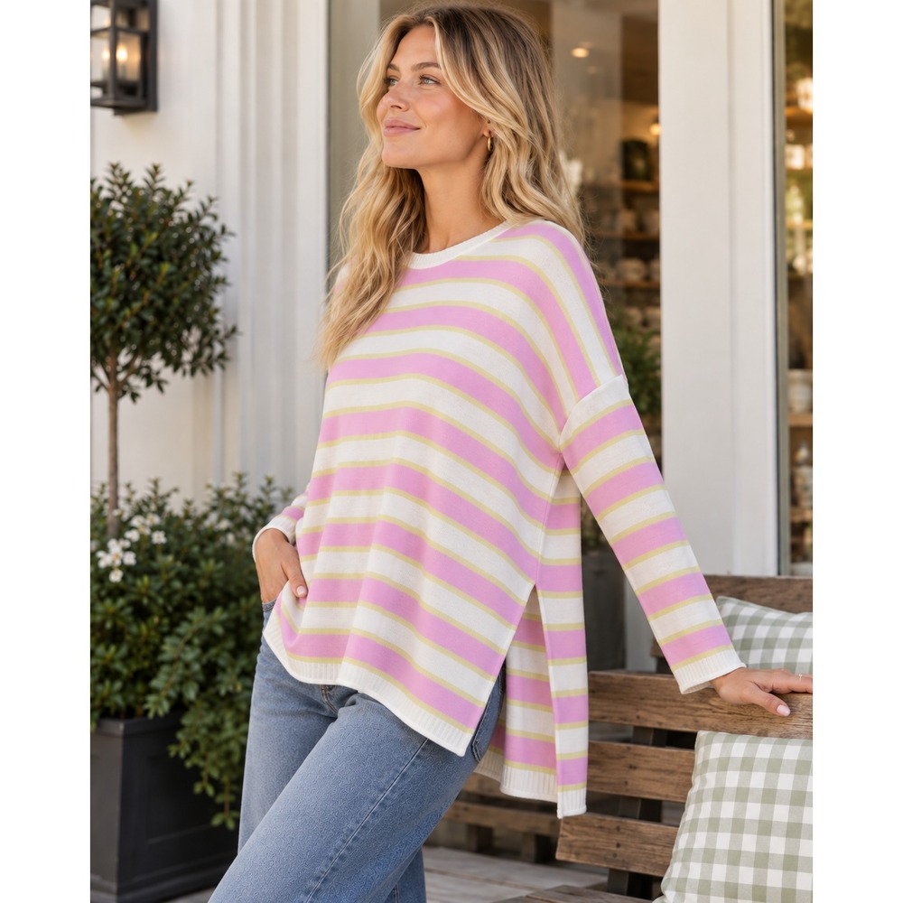 MERSEA Catalina Crewneck Sweater One Size Pink Yellow Striped Oversized Mer Sea - Picture 11 of 12